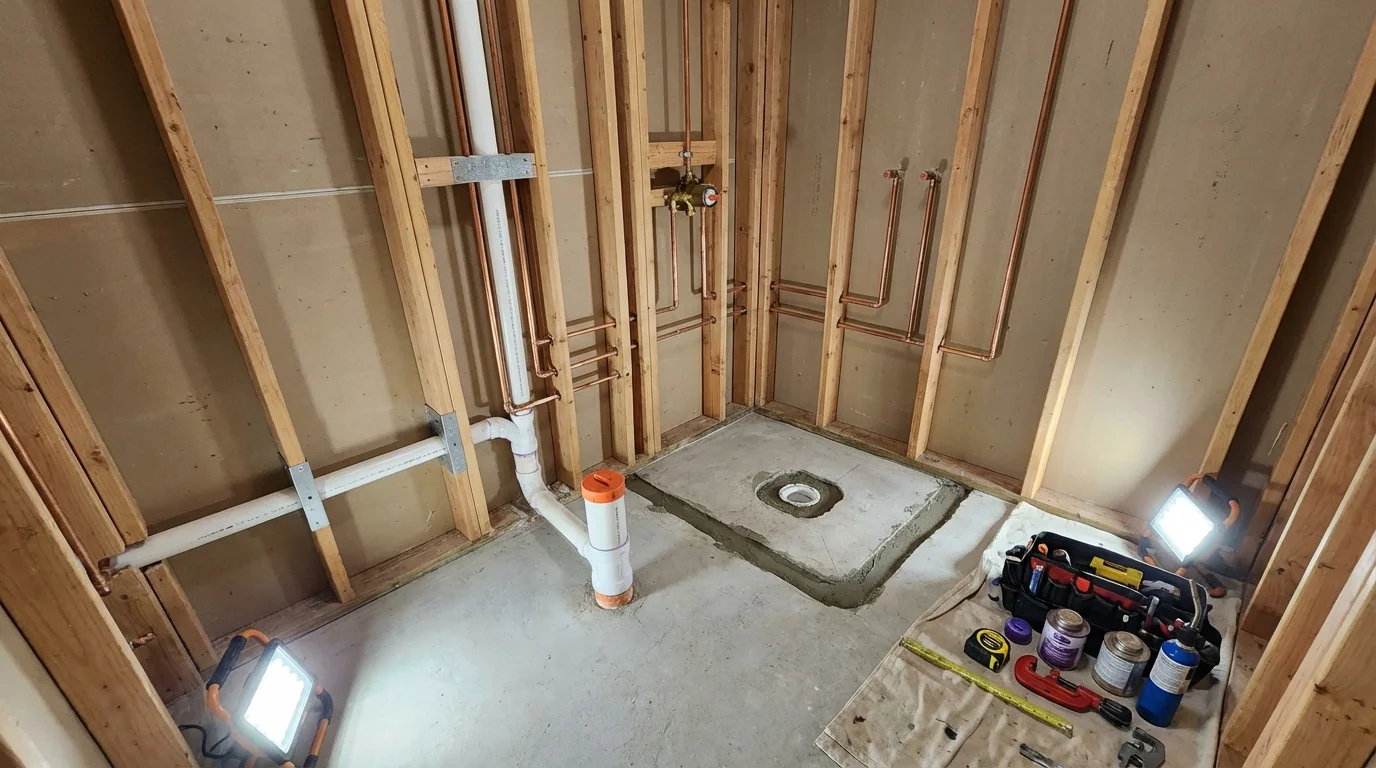 Bathroom rough-in plumbing during remodel by Johns Plumbing LLC in Bridgton