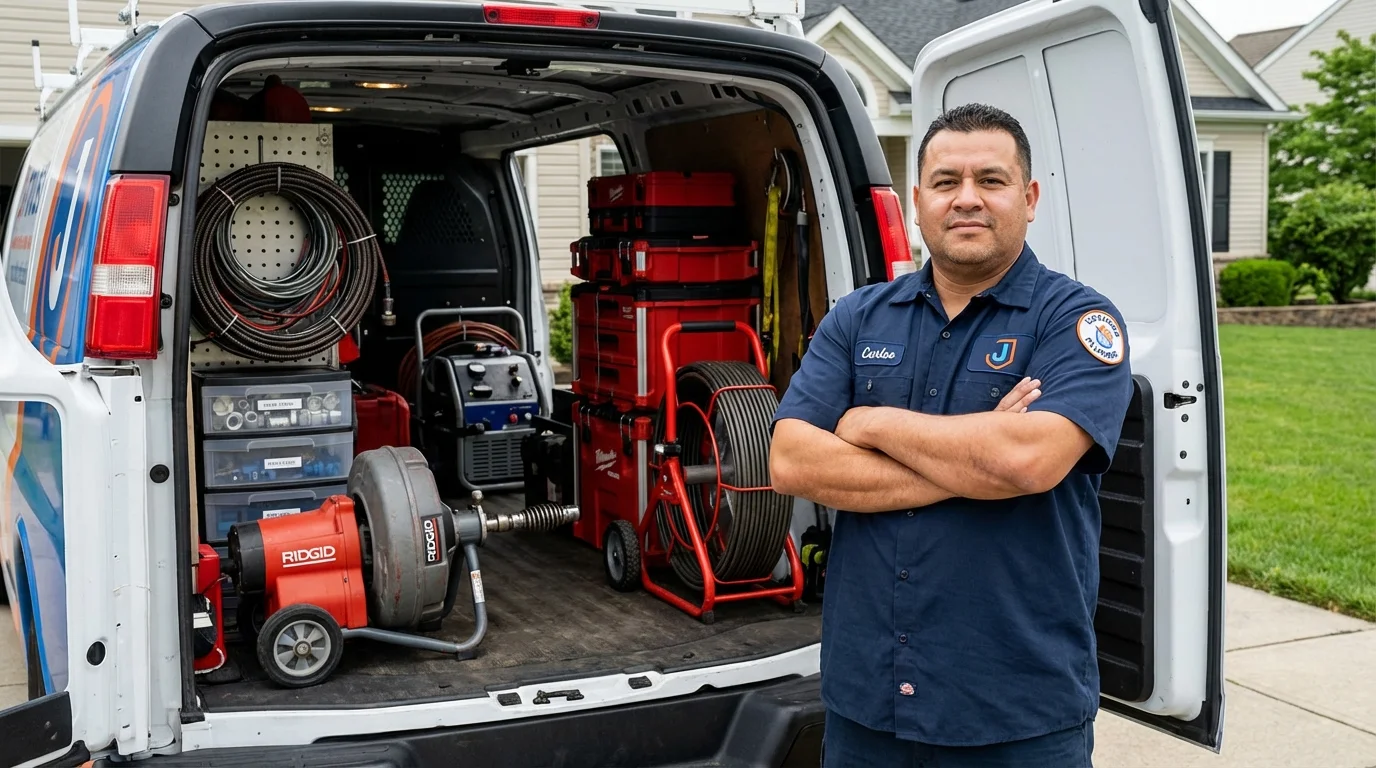 Professional drain cleaning equipment and Johns Plumbing LLC plumber in Bridgton