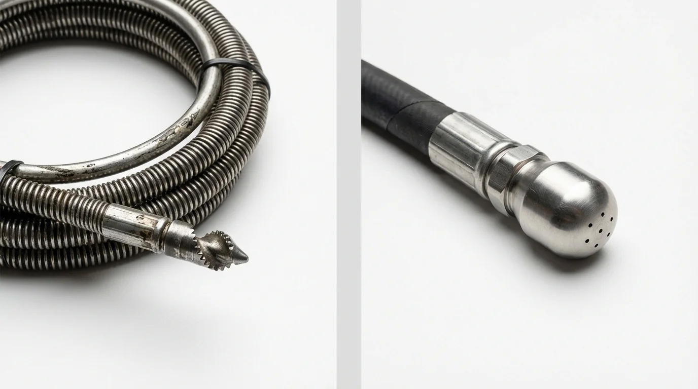 Drain snake cable and hydro jetting nozzle used for drain cleaning in Bridgton, ME