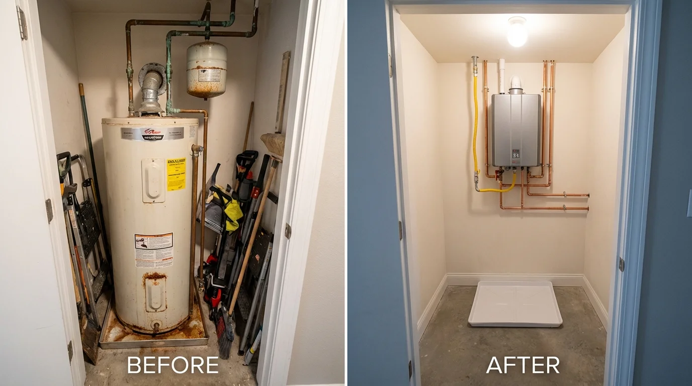 Tank water heater versus wall-mounted tankless unit comparison for Bridgton, ME homeowners