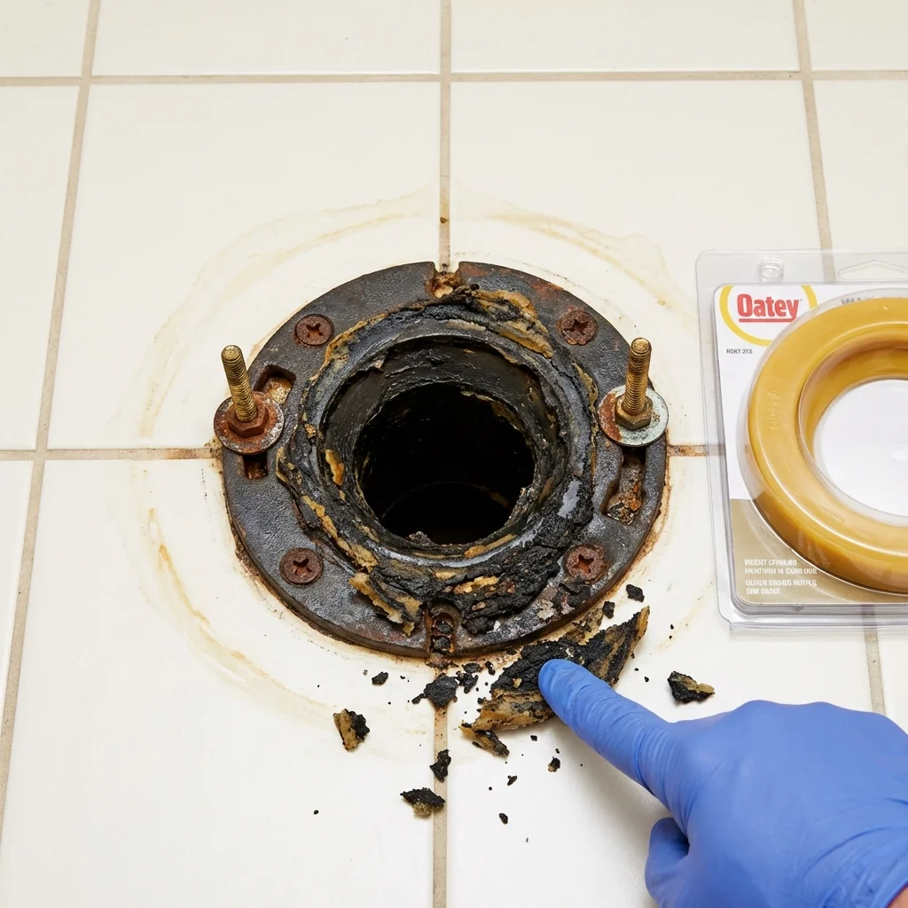 Failed wax ring showing water seepage at the base of a toilet in a Bridgton, ME home