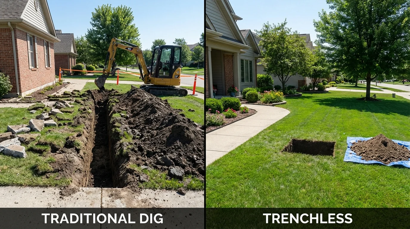 Trenchless sewer repair with minimal yard damage versus traditional excavation in Bridgton, ME