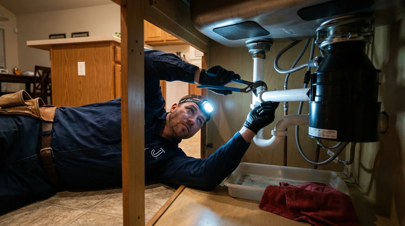 P-trap and supply line connections under a kitchen sink showing a common leak point in Bridgton, ME